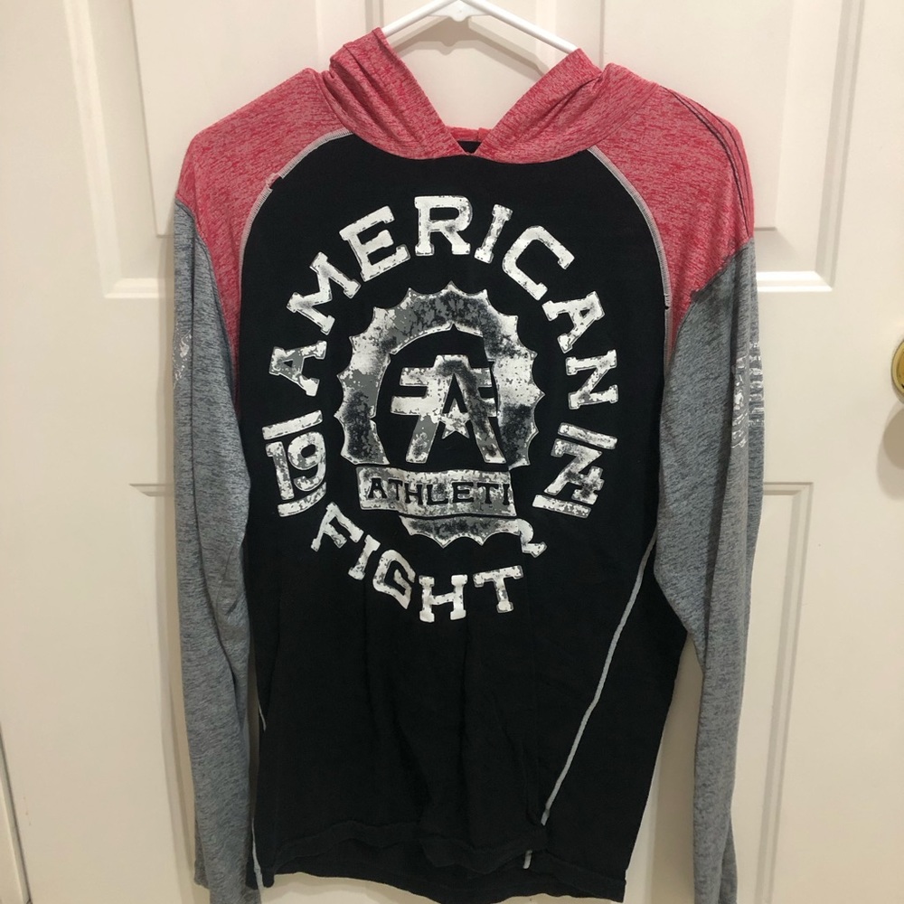 Men’s American Fighter long sleeve shirt w/ hoodie. Size LG Used-fair condition